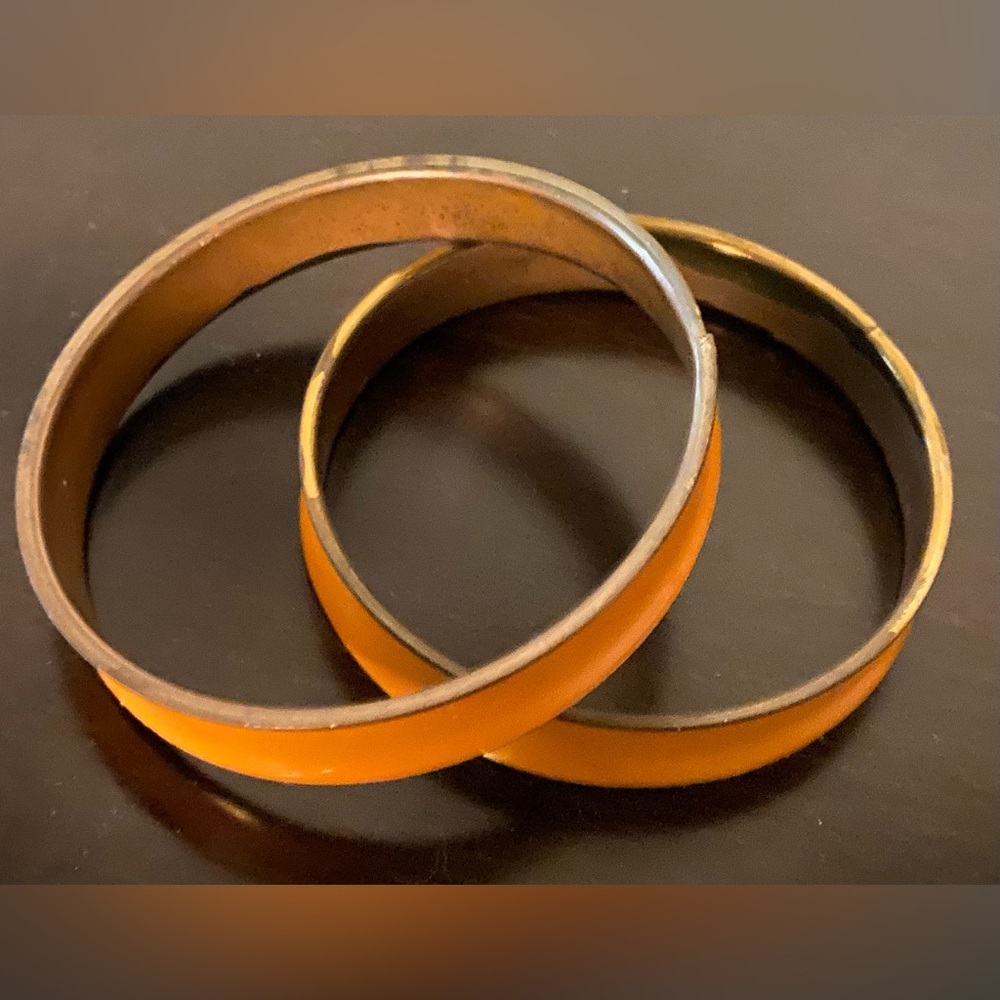 Orange Enamel Metal Bangle Bracelets Set | Vintage Style | Stackable - Picture 3 of 3